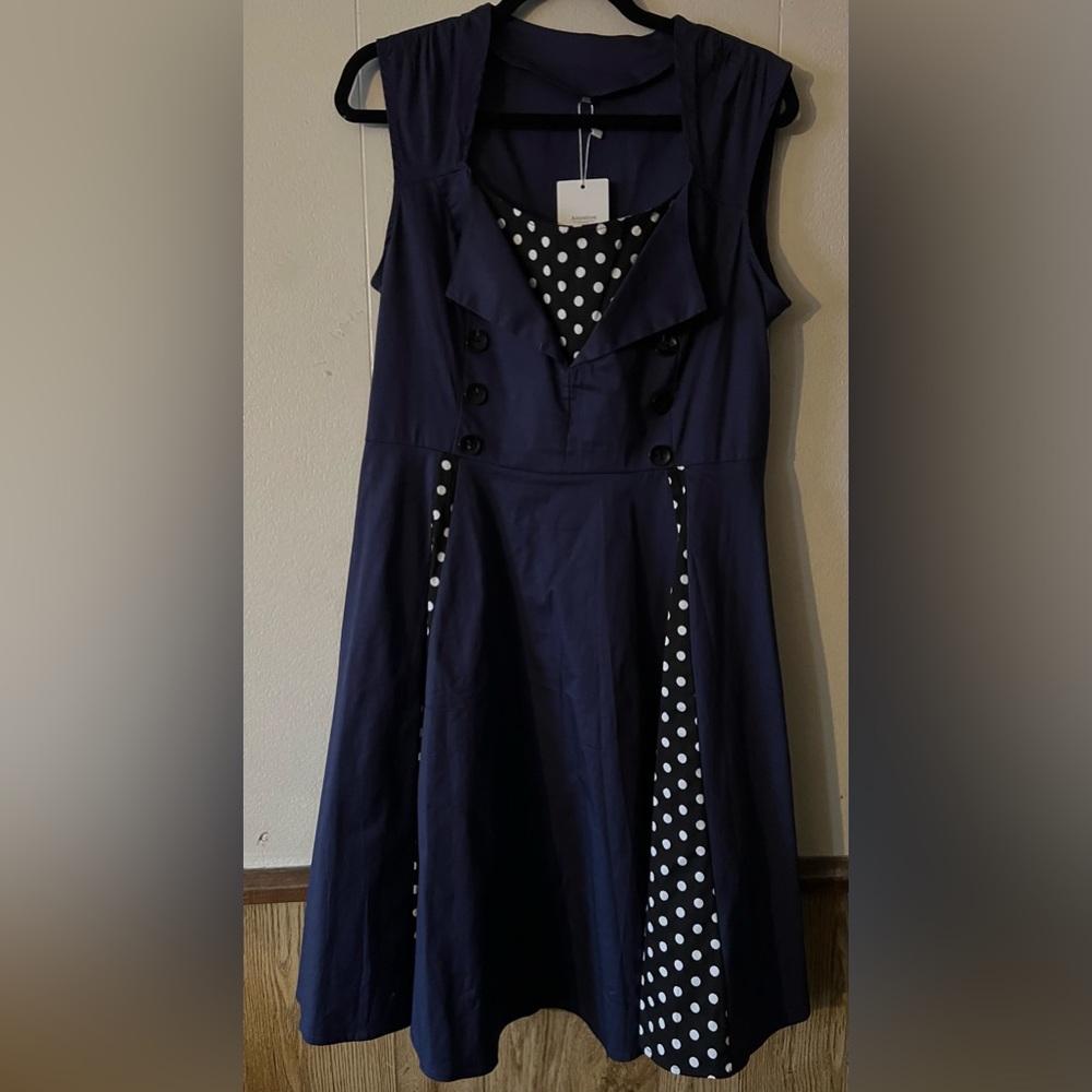 Navy Blue Black White Polka Dot Sleeveless Dress Size XXL Pinup Rockabilly